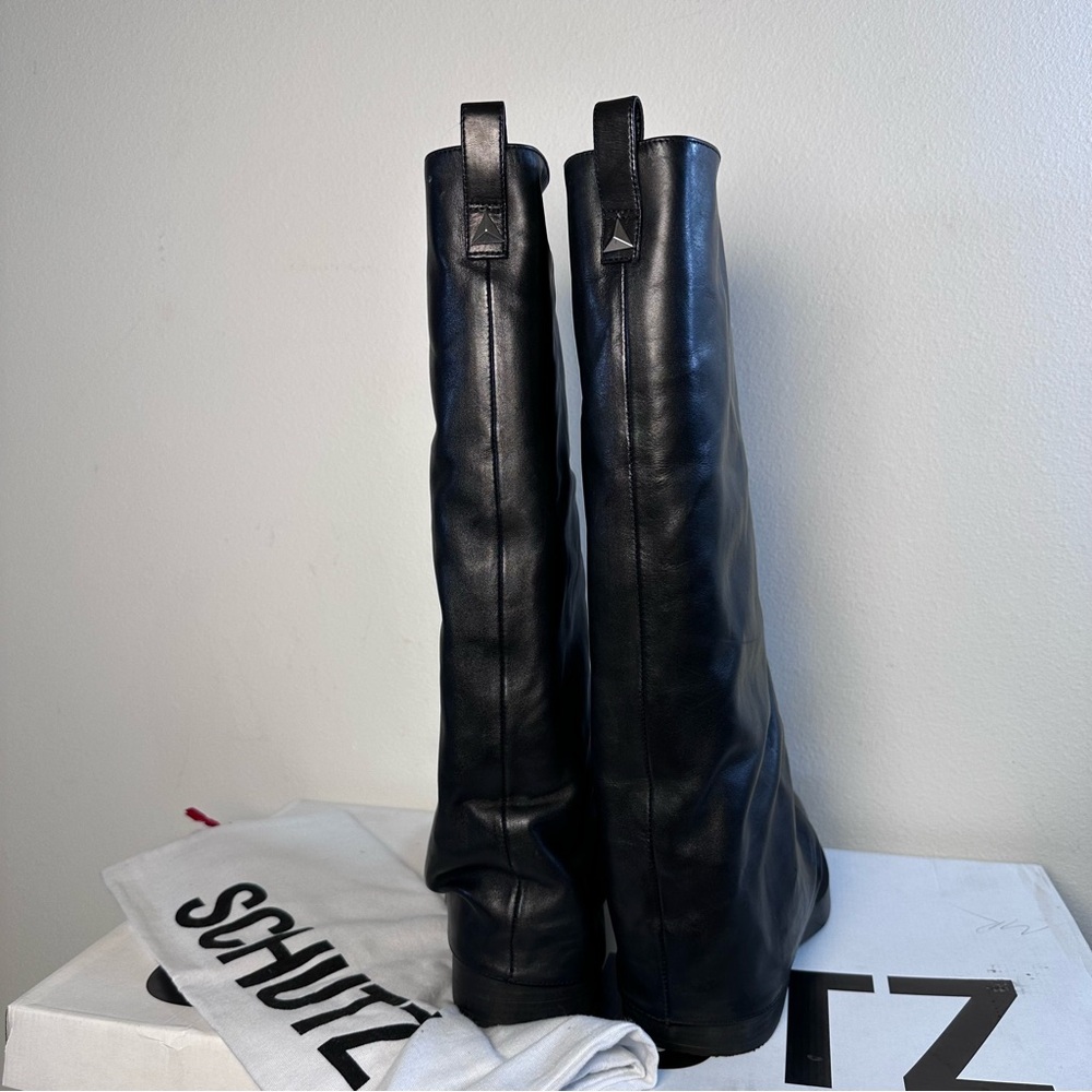 Schutz Keira Up Boot in Black leather knee high platform biker moto slouch - Picture 6 of 10